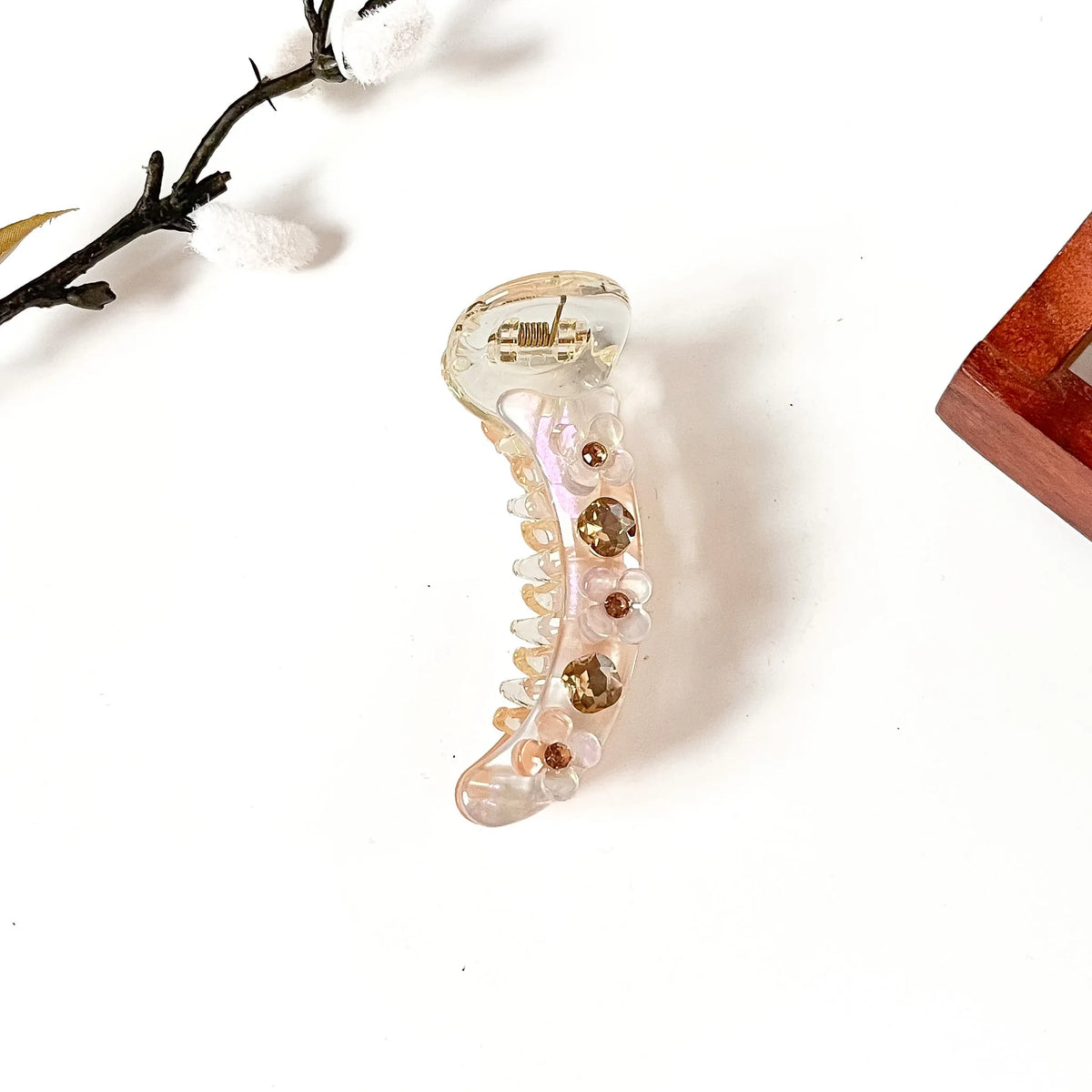Peach beige iridescent banana clip with champagne crystal stones, 8 cm cute banana clip with flowers