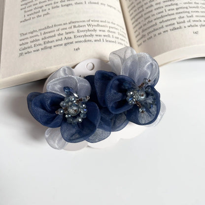 Dewdrop Floral Barrette – Elegant Center Hair Clip Navy Duo