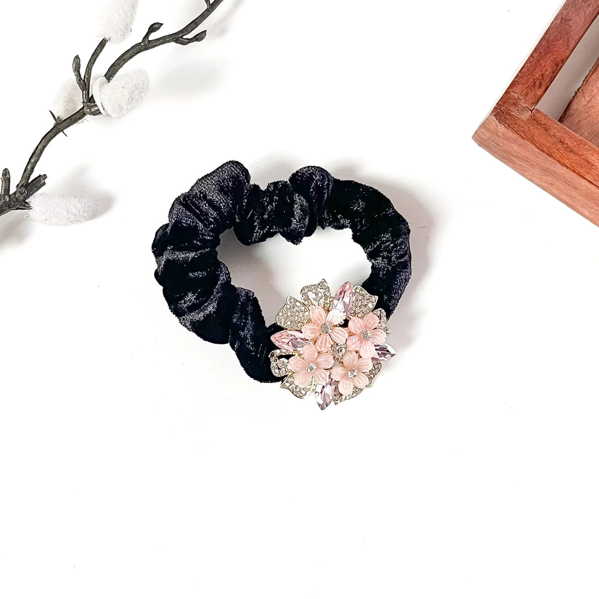 Black velvet scrunchie with blush pink jewelled flower brooch