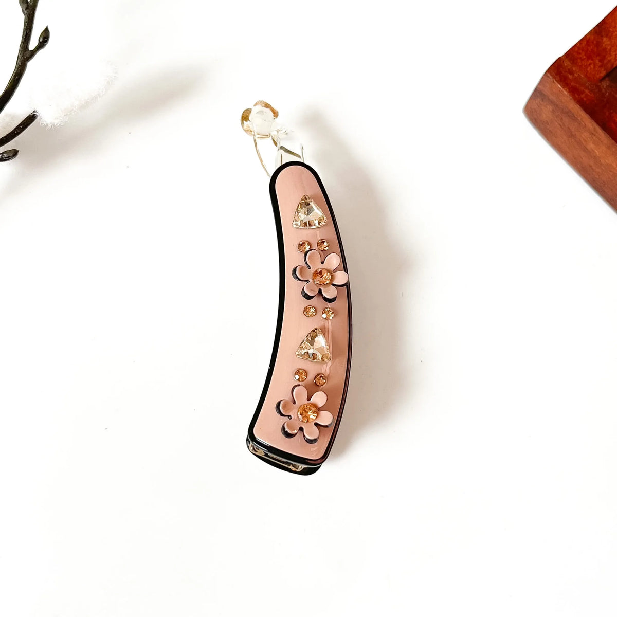 Blush pink jeweled blossom banana clip with rose gold rhinestones and pink flowers, large fancy hair clip