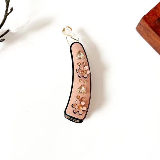 Blush pink jeweled blossom banana clip with rose gold rhinestones and pink flowers, large fancy hair clip