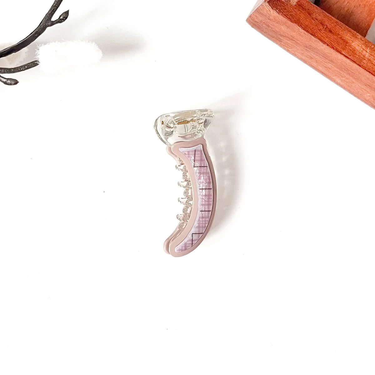 Blush pink plaid mini banana hair clip with pink grid interior and gray flower accent, large 10cm best banana clip