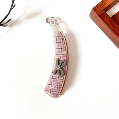 Blush pink plaid lock banana hair clip with pink grid interior and gray flower accent, large 10cm best banana clip