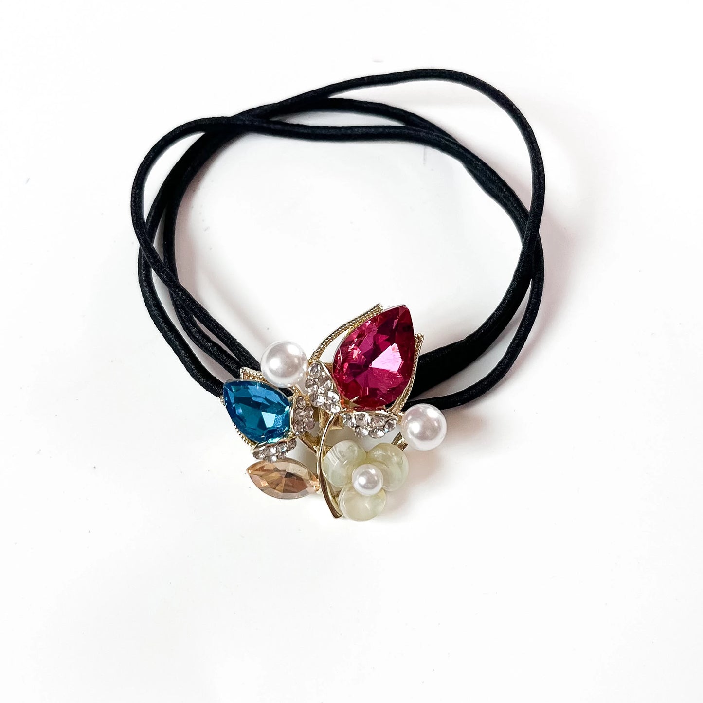 Multicolour botanical crystal hair tie with pink blue teardrop charm and pearl beads on black elastic hair tie