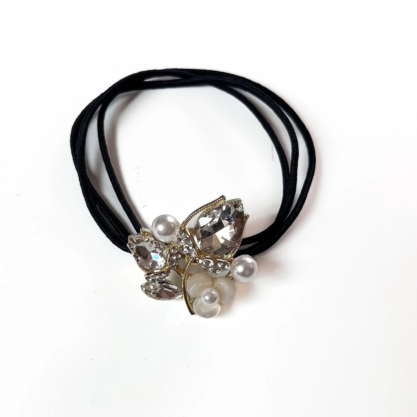 Taupe smoky Grey botanical crystal hair tie with marquise leaf charm and pearl beads on black elastic band