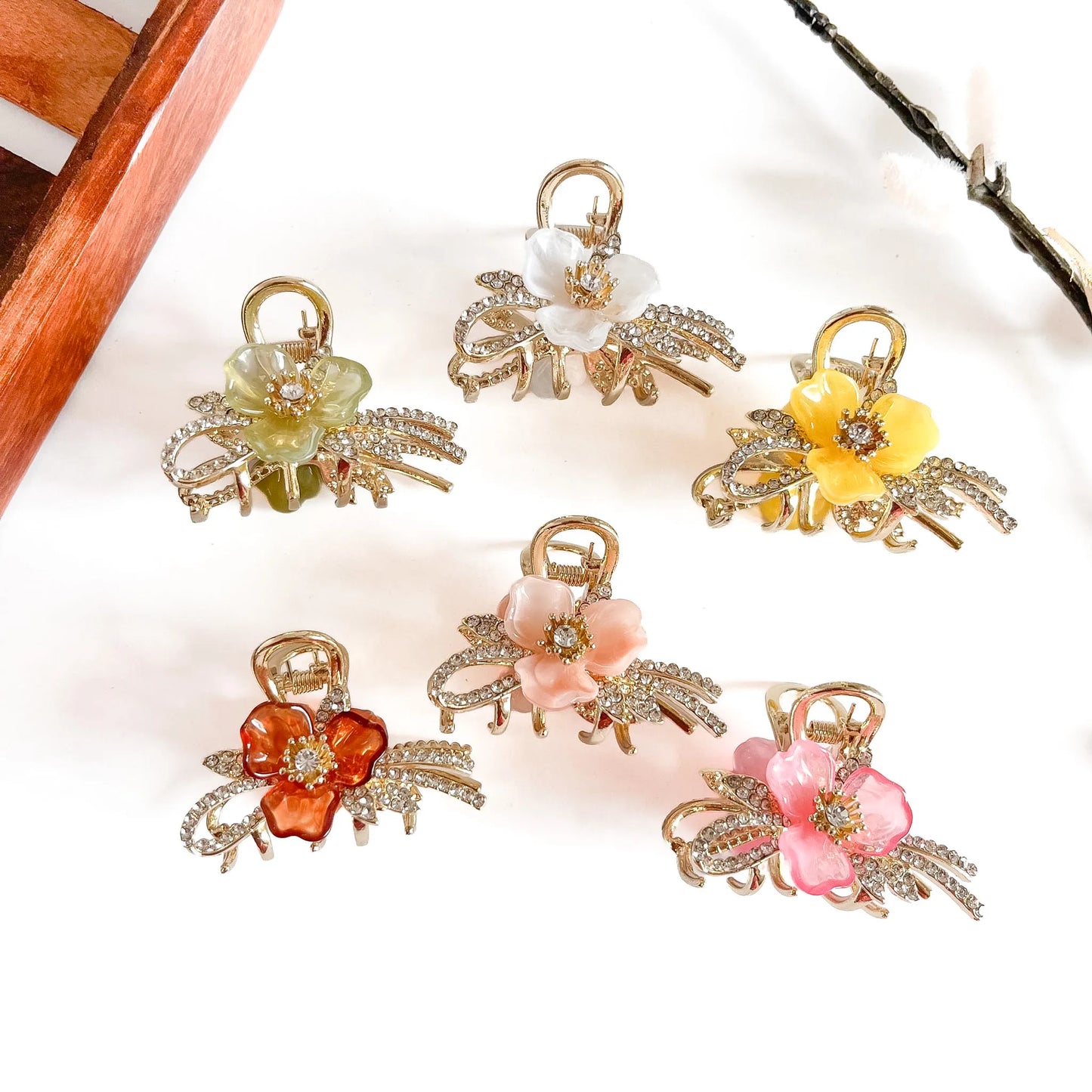 All 6 botanical metal clips: white, yellow, sage, rust, peach, pink with flowers