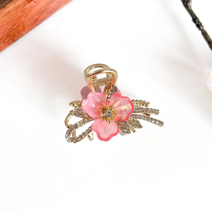 Pink botanical metal clip with large dimensional flower and gold filigree, medium size