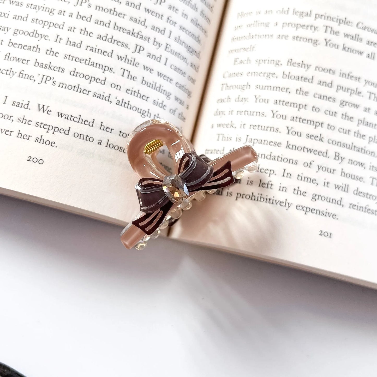 Brown and nude bow claw clip with gemstone detail on book