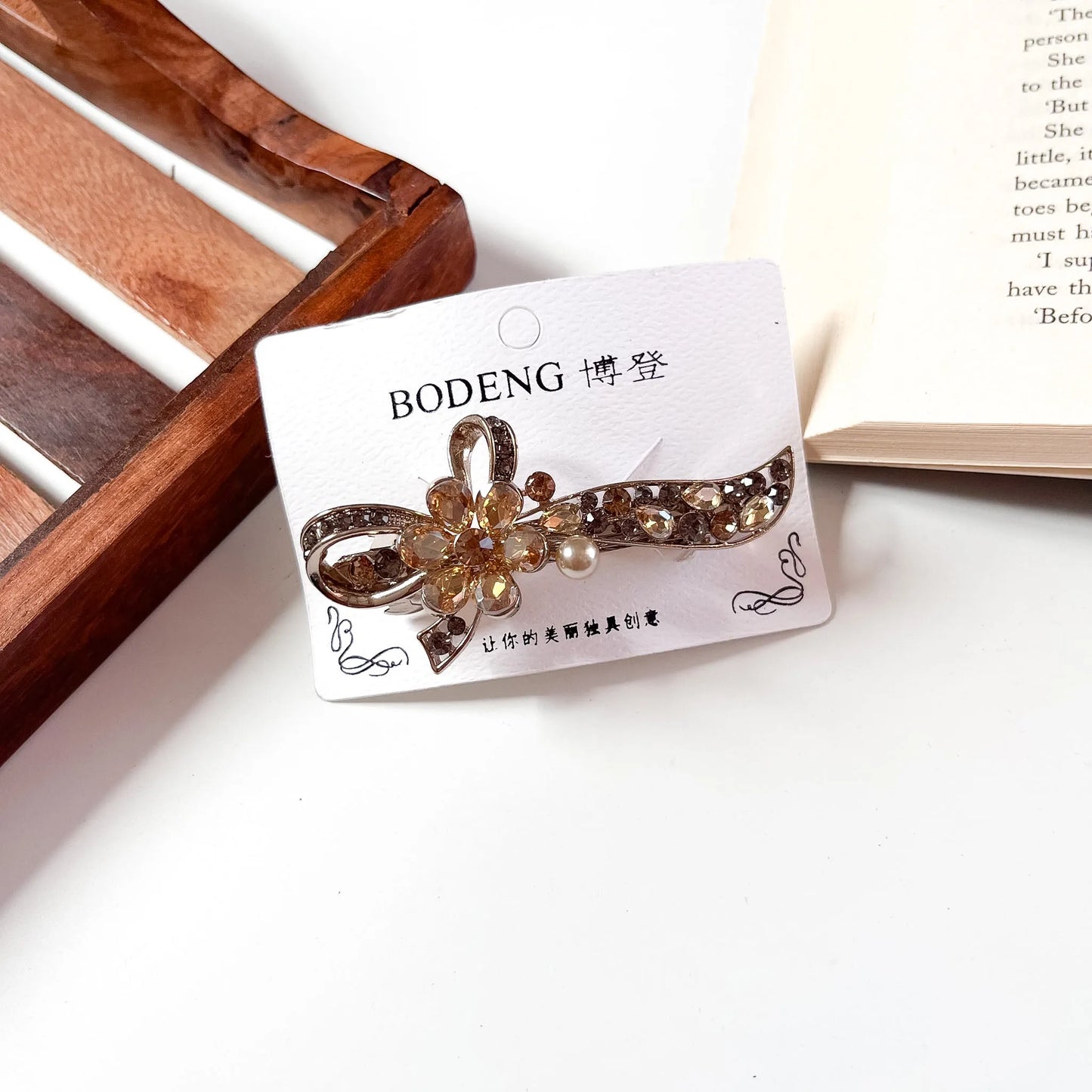 Bow pearl crystal barrette amber champagne rhinestone flower clip