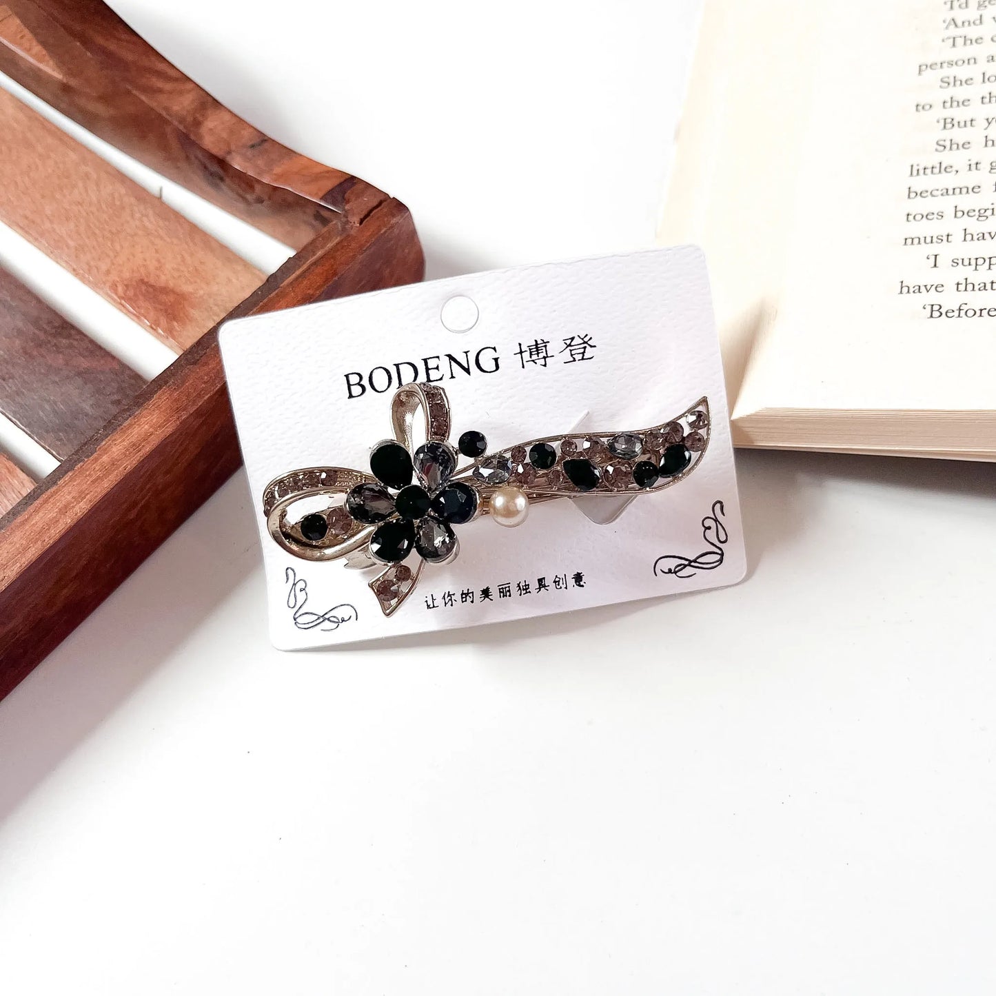 Bow pearl crystal barrette black smoke rhinestone flower hair clip