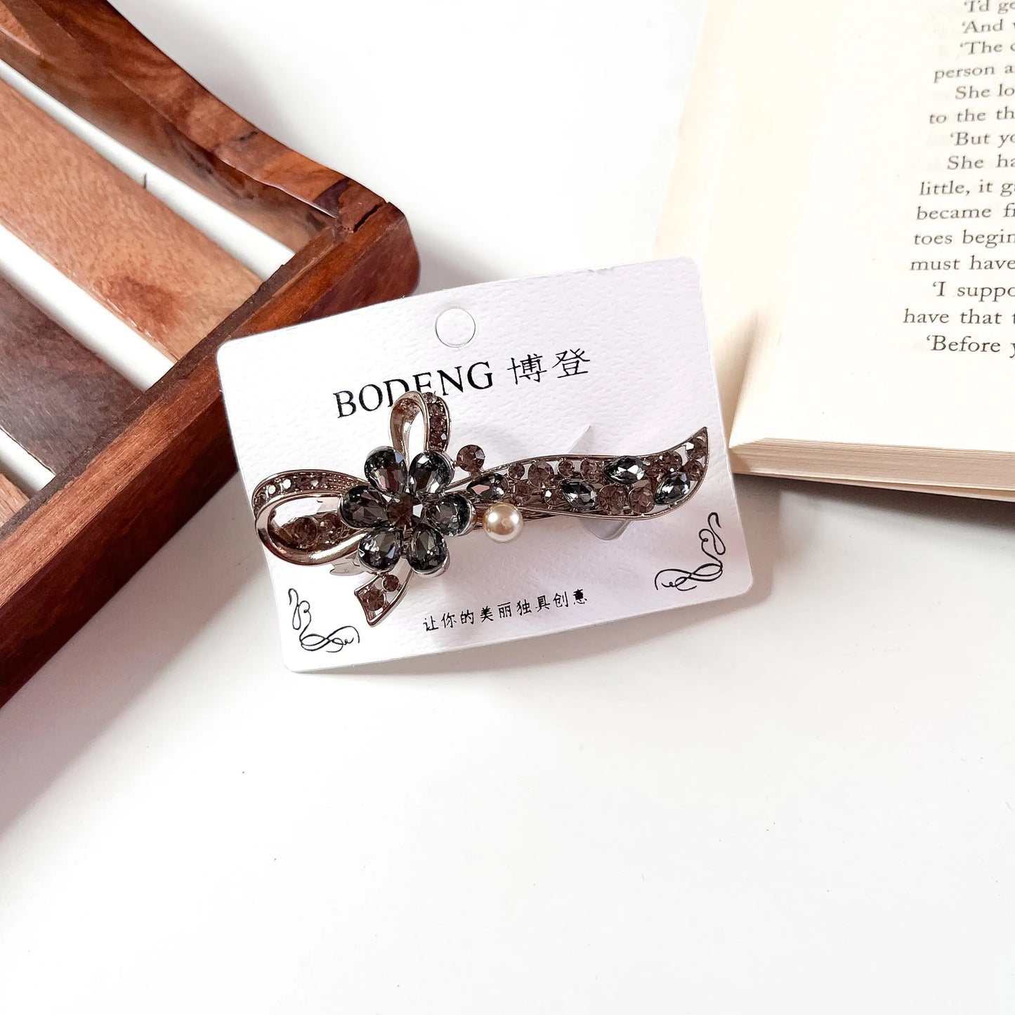 Bow pearl crystal barrette charcoal grey rhinestone hair clip