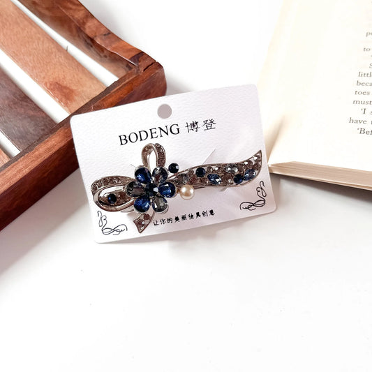 Bow pearl crystal barrette navy blue rhinestone barrette