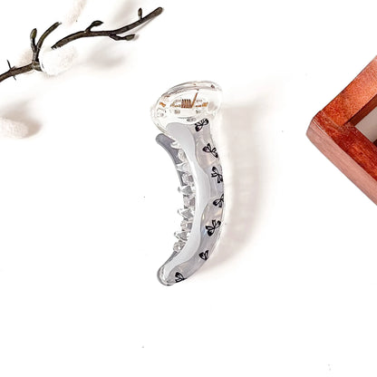Cloud grey clear banana clip with black bow print, 8 cm Korean banana clip