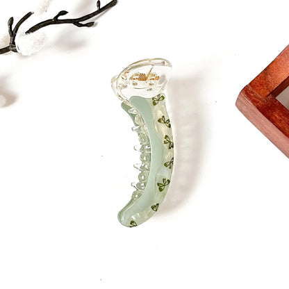 Sage green bow print banana clip with clear jaw, 8 cm banana clutcher for ponytail