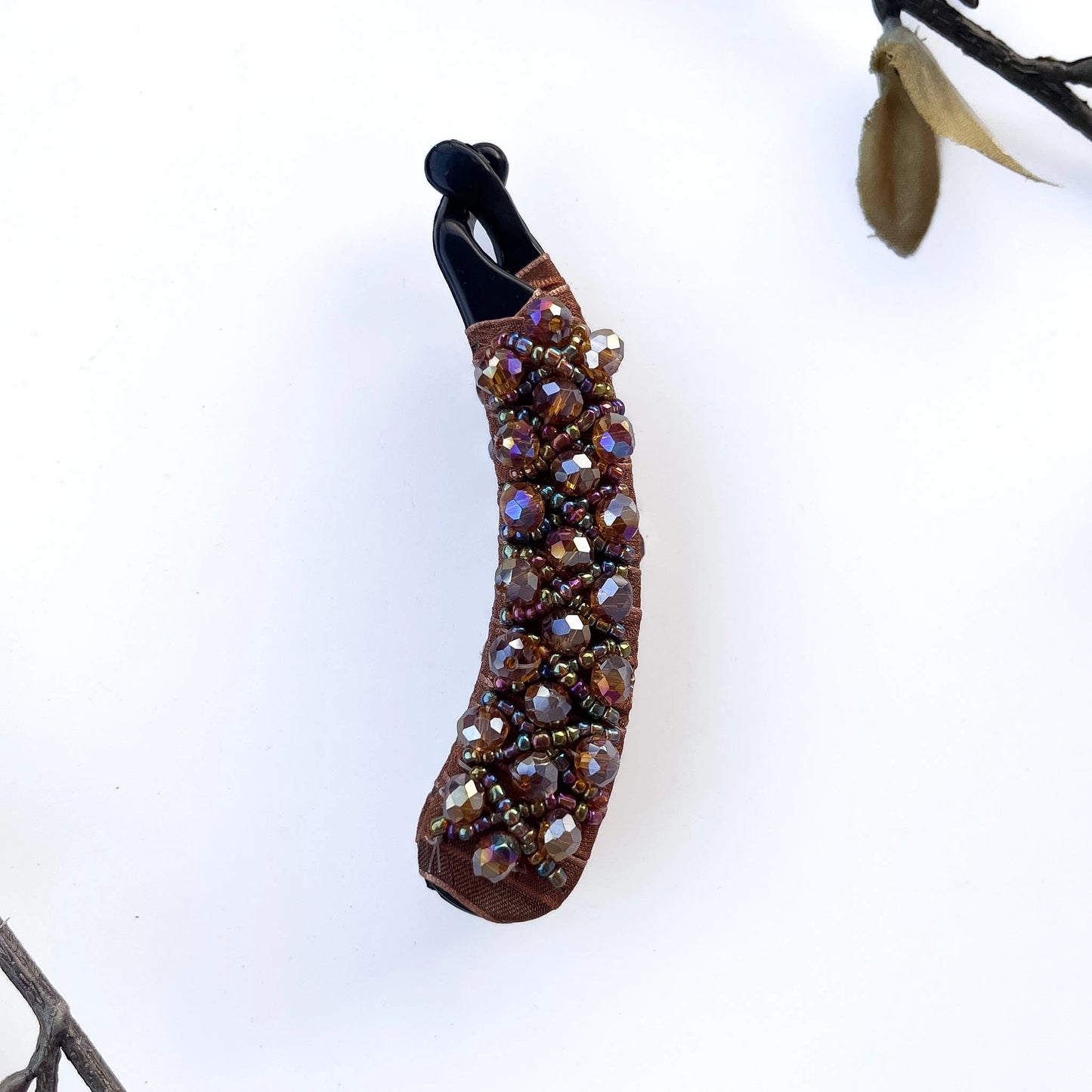 Premium brown and gold beaded banana clips with shimmer crystal detailing