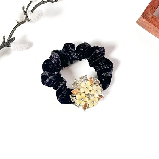 Black velvet scrunchie with butter yellow flowers and champagne stones