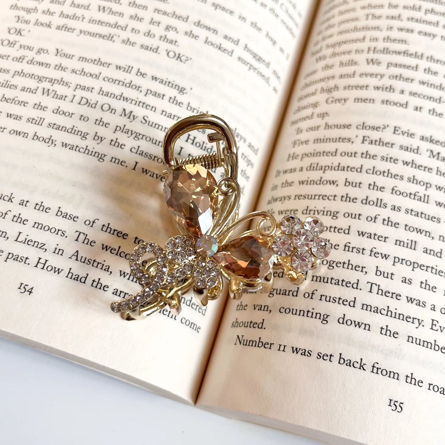 Butterfly crystal hair claw clip with champagne stones and gold finish