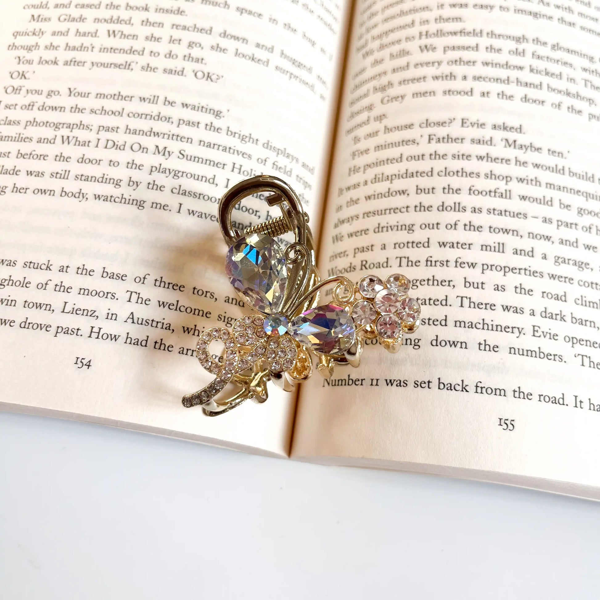 Butterfly crystal hair claw clip with White stones and gold finish