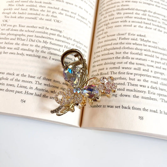 Butterfly crystal hair claw clip with White stones and gold finish