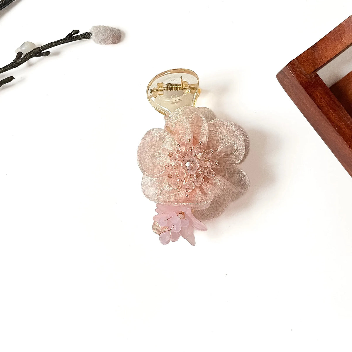 Camellia Pearl Banana Clip in blush peach, 8cm camellia banana clip with pink lily and crystal centre