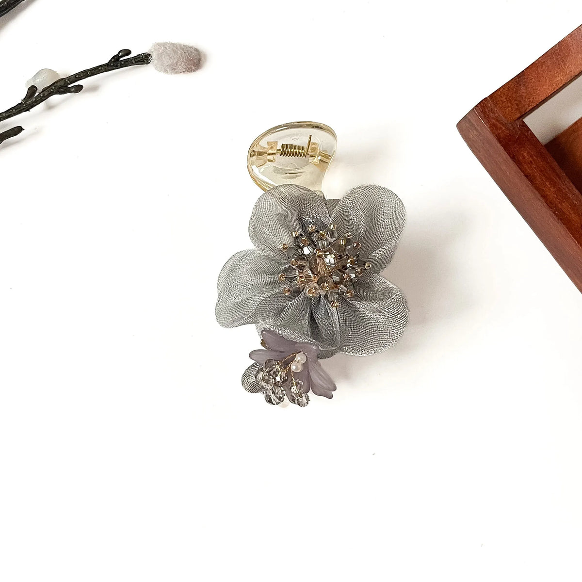 Camellia Pearl Banana Clip in dove grey, 8cm organza flower banana clip with pearls and crystals