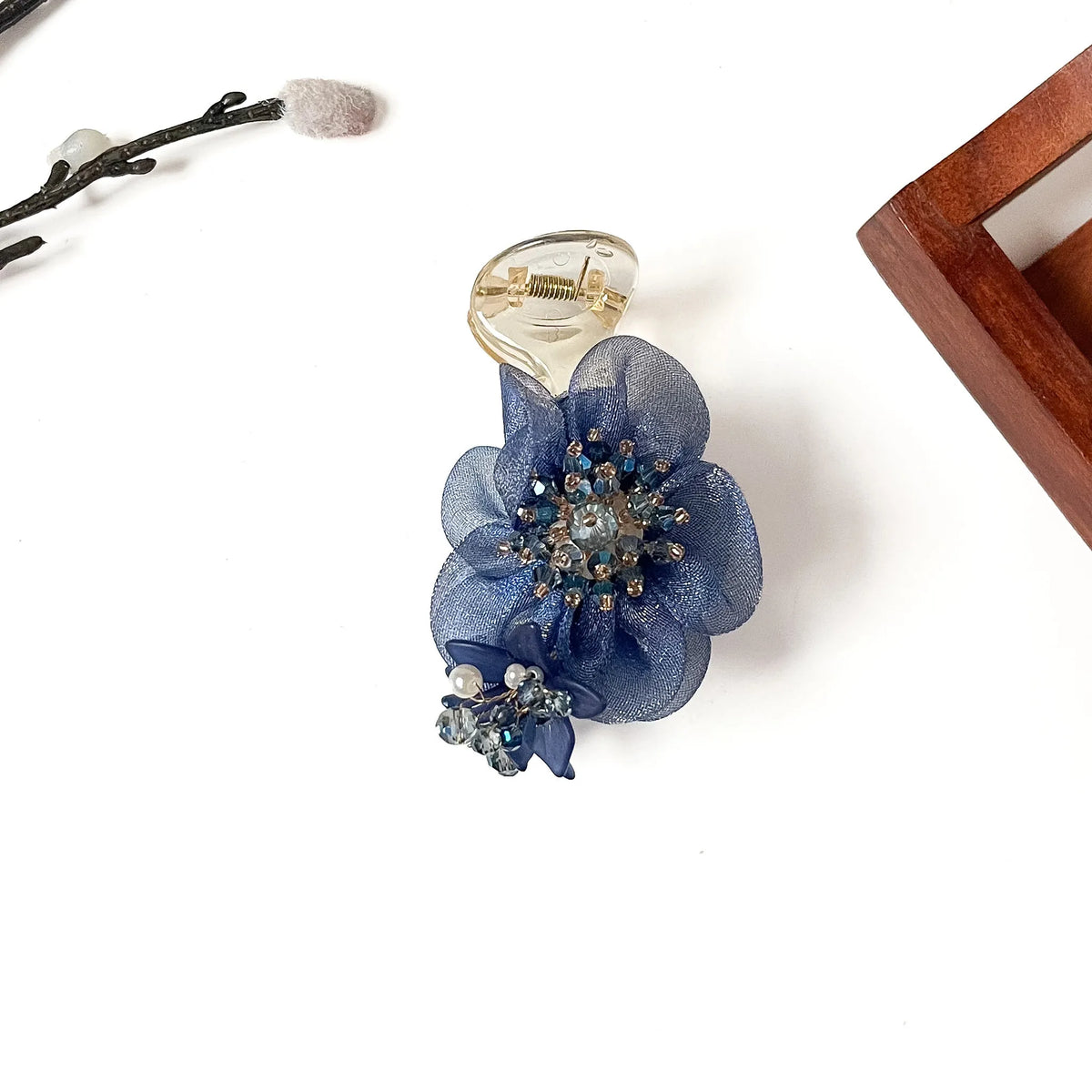 Camellia Pearl Banana Clip in indigo blue, 8cm organza camellia banana clip with pearl stamens