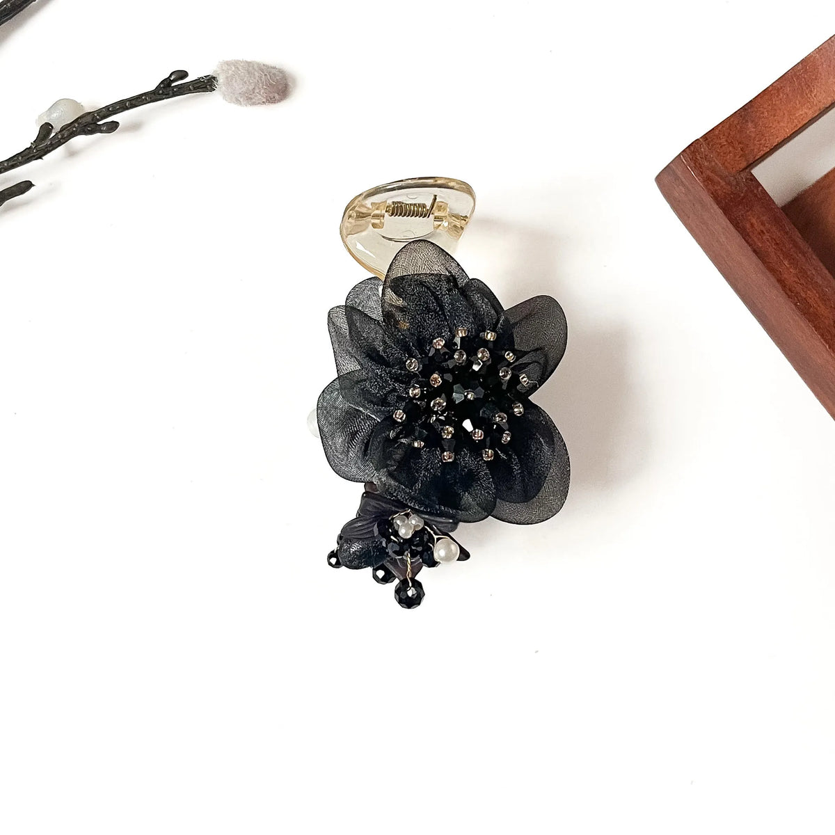 Camellia Pearl Banana Clip in jet black, 8cm flower banana clip with black crystals and pearls