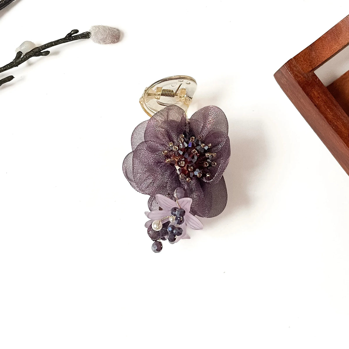 Camellia Pearl Banana Clip in plum purple, 8cm flower banana clip with pearl lily and crystal drops