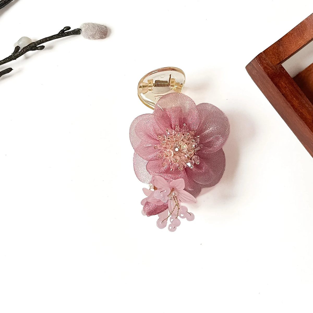 Camellia Pearl Banana Clip in rose pink, 8cm bridal flower banana clip with pearls and crystals