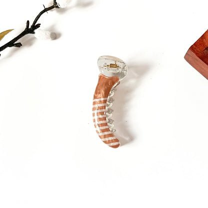 Caramel brown striped banana clip with clear jaw, 8 cm small banana hair clip for thin hair