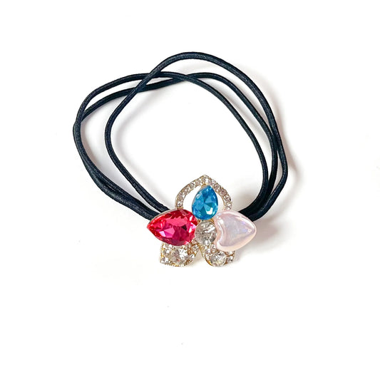 Candy multicolour fancy rubber band for hair with pink and blue crystals and pearl heart, jewelled hair tie