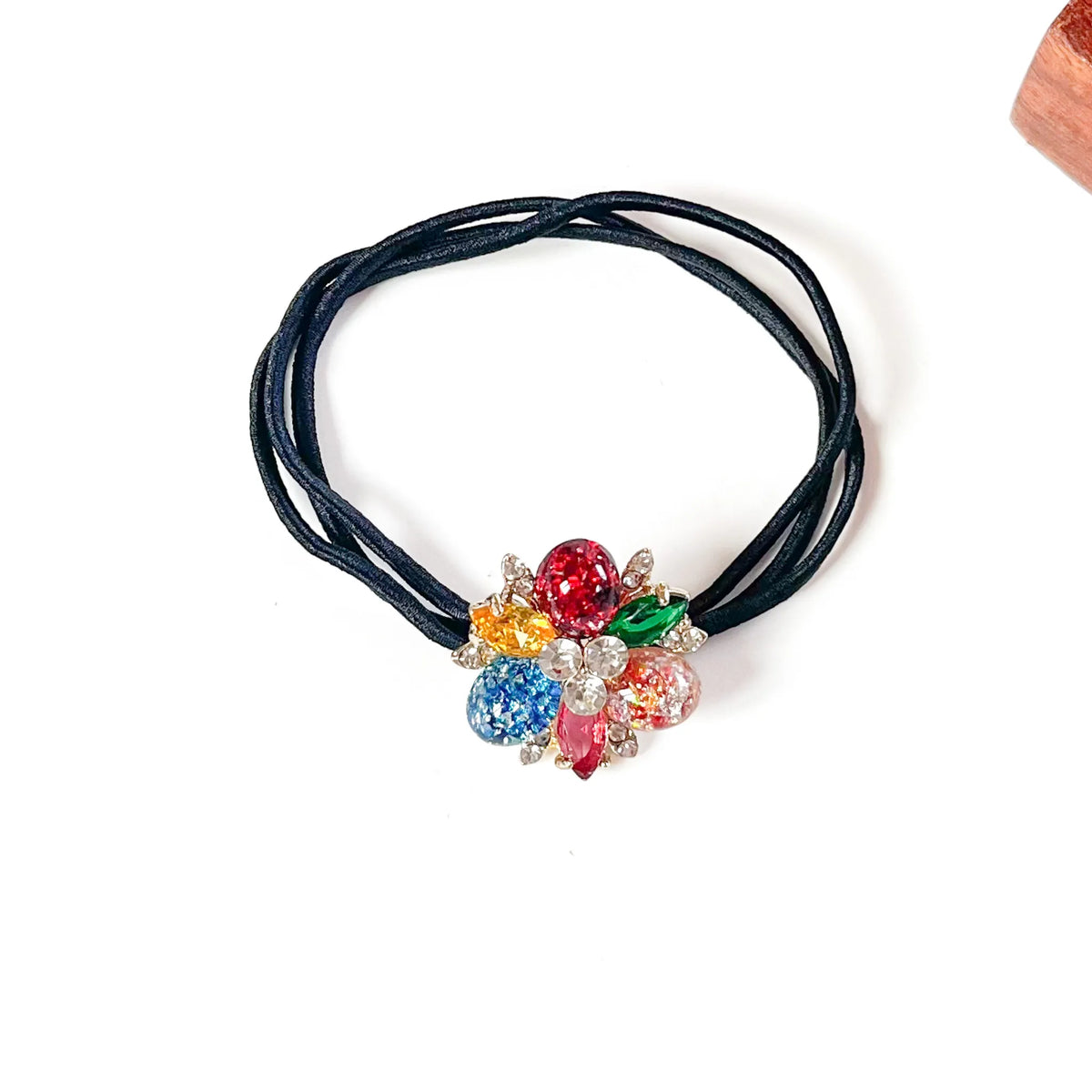 Carnival multicolour fancy hair tie with red, blue, yellow and green stones, jewelled hair rubber band