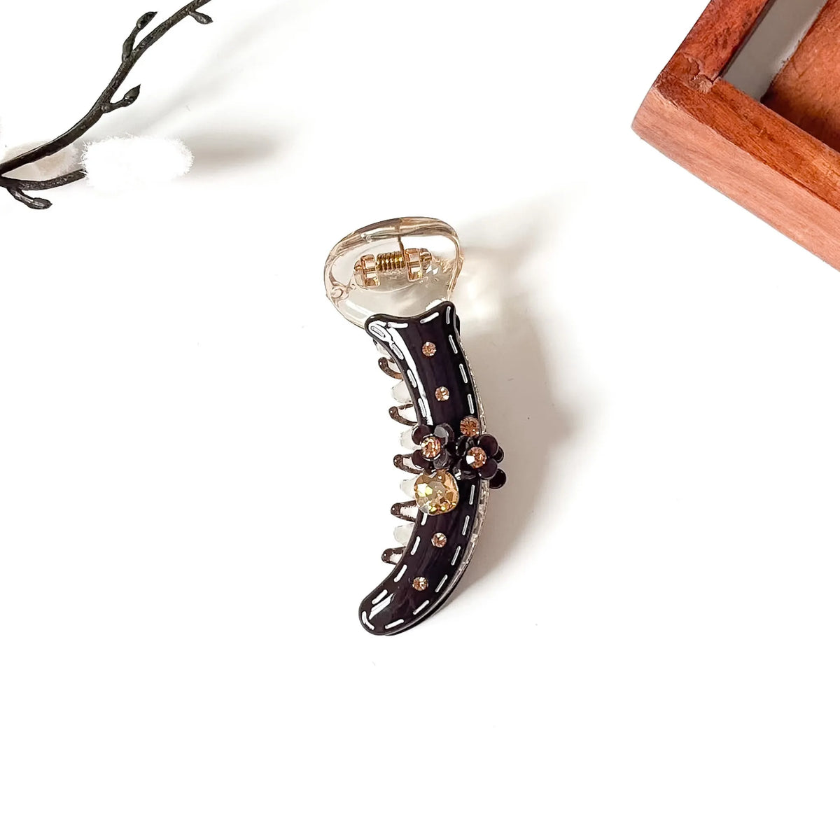 Brown Black decorative banana clip with pearl and rhinestone embellishment, 8cm medium to thick hair clip