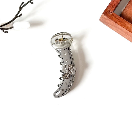 Charcoal medium banana clip with crystal rhinestone sparkle detail and pearl accents, 8cm