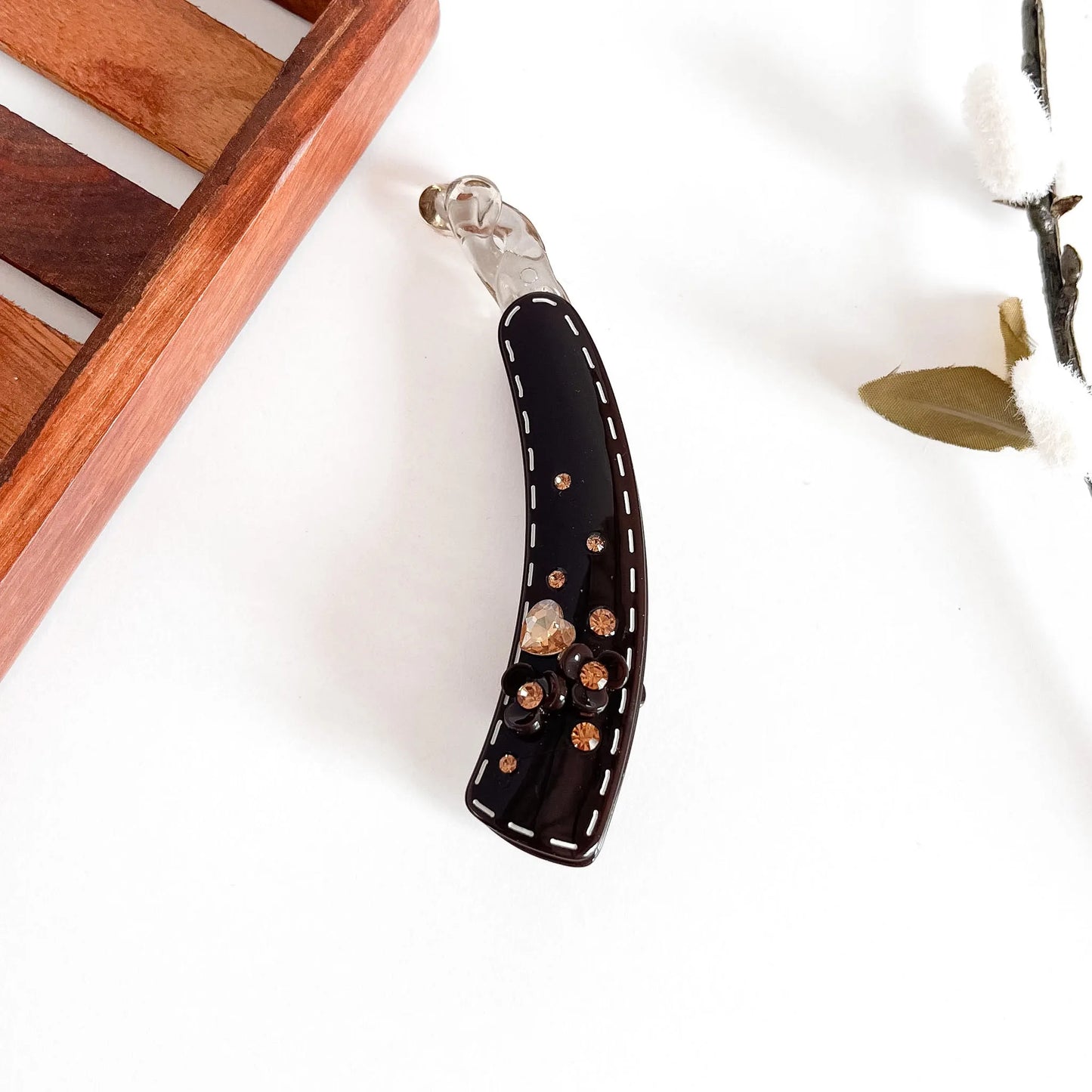 Brown Black decorative lock banana clip with pearl and rhinestone embellishment, 10cm thick hair clip