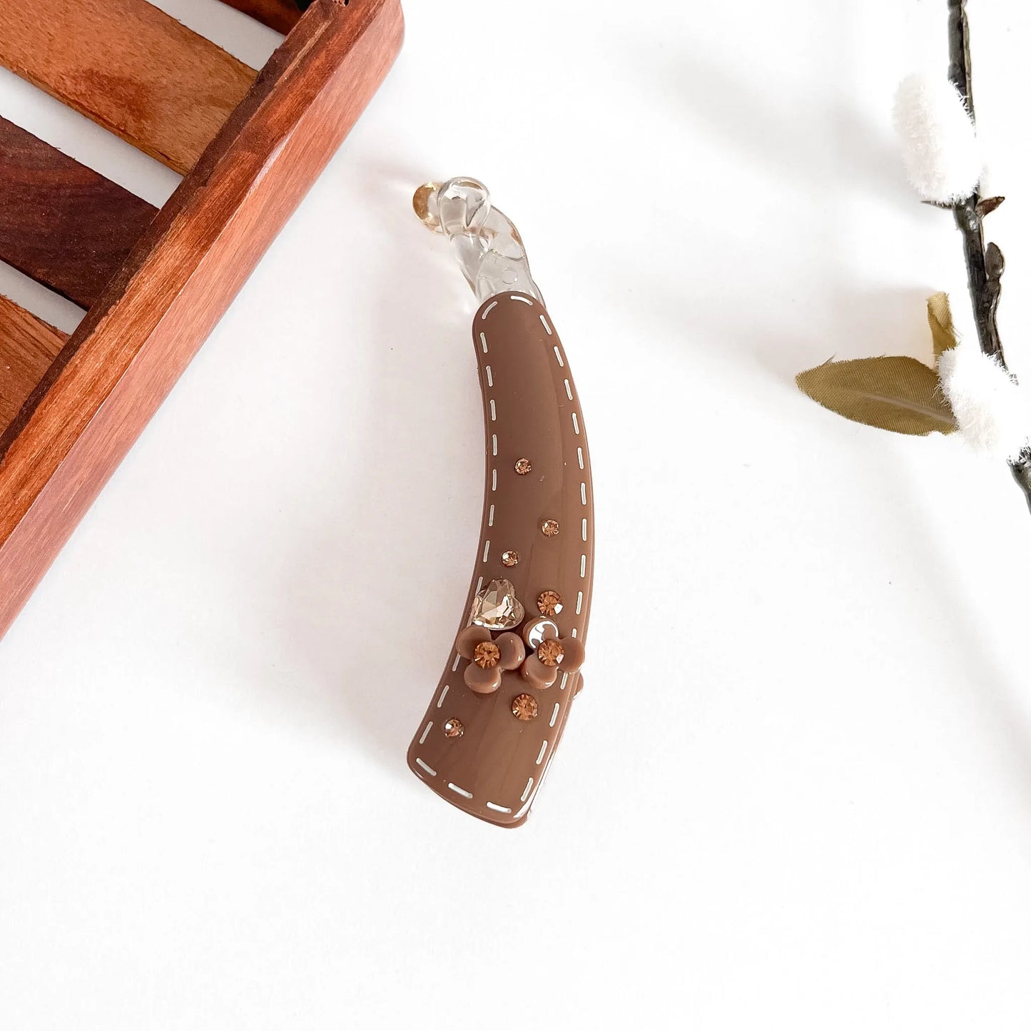 Caramel embellished lock banana clip with inset rhinestone crystals and pearl beads, large 10cm