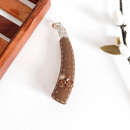Caramel embellished lock banana clip with inset rhinestone crystals and pearl beads, large 10cm