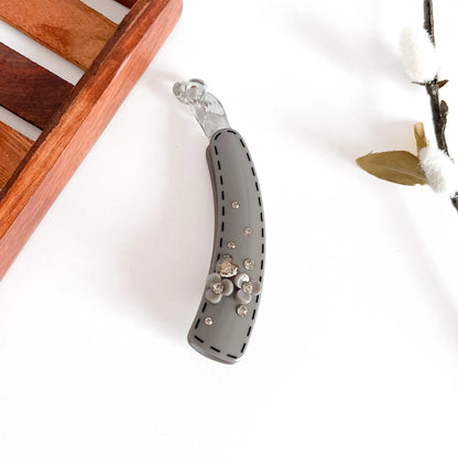 Charcoal large lock banana clip with crystal rhinestone sparkle detail and pearl accents, 10cm