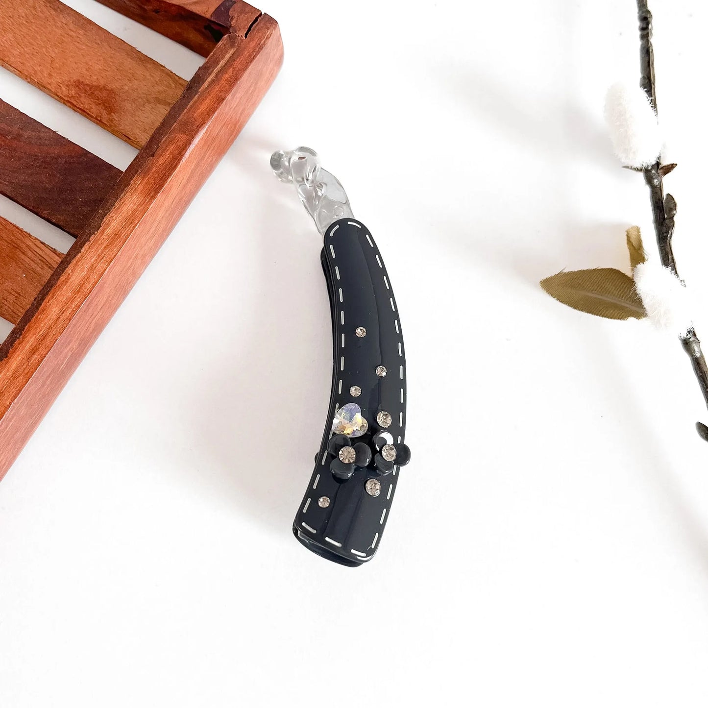 Graphite large banana clip with crystal bead embellishments and pearl detail, celestial lock 10cm