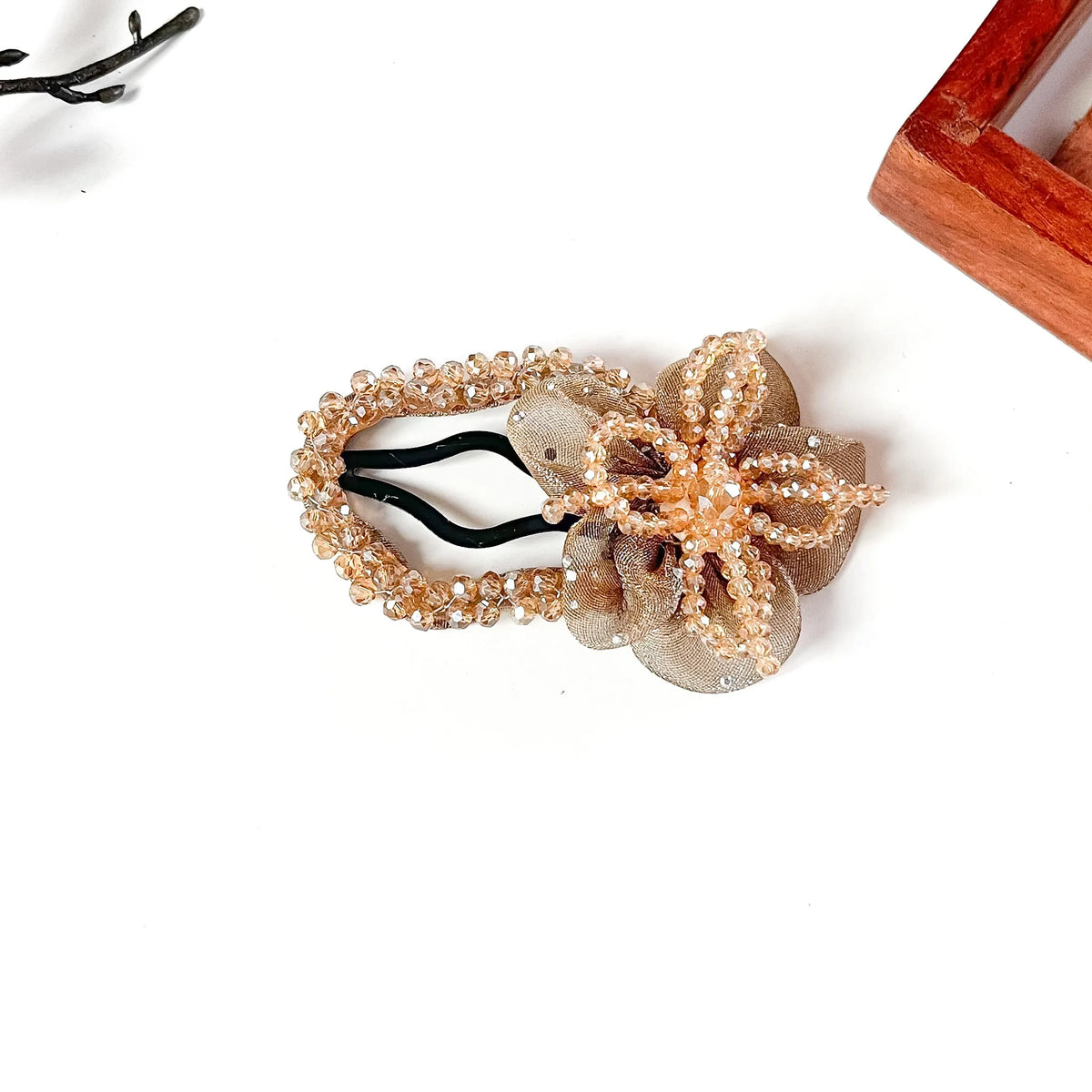 Champagne beige gold crystal tic tac hair clip with organza flower