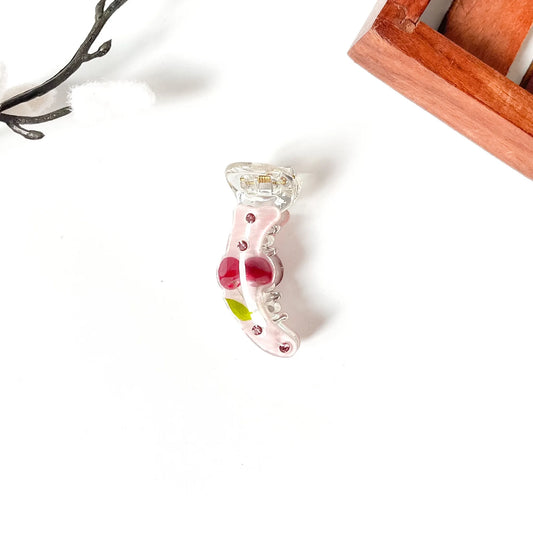 Blush pink cherry mini banana clip with pink rhinestones, 5cm