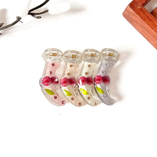 Cherry Pop mini banana clips with cherries and stones in four colours