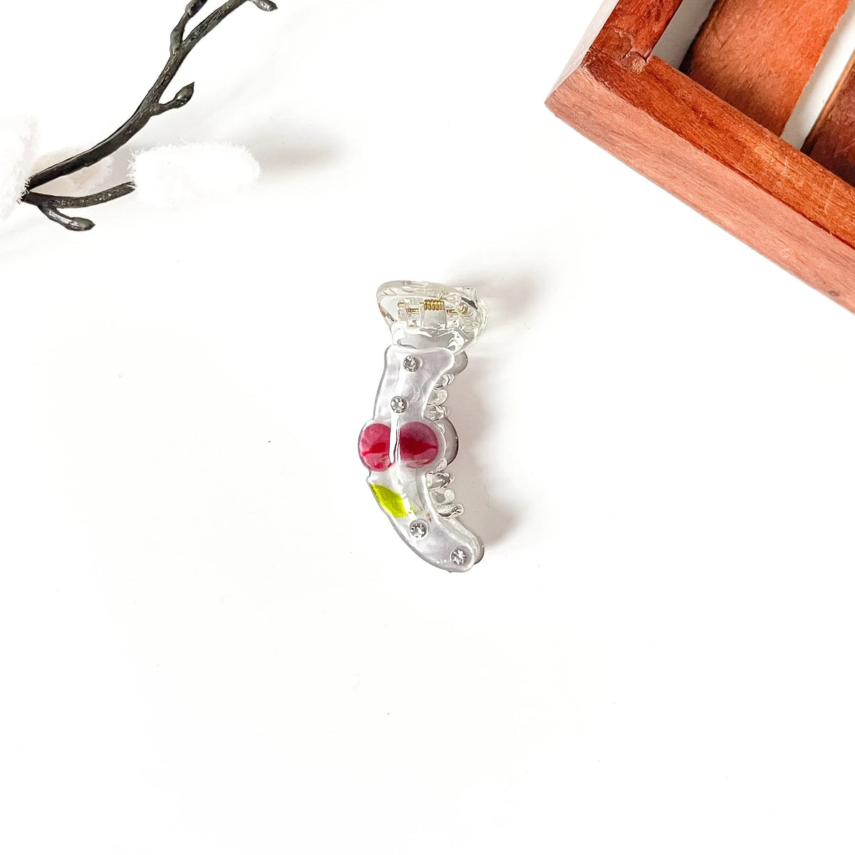 Silver grey mini banana clip with red cherry charm and clear rhinestones, 5cm