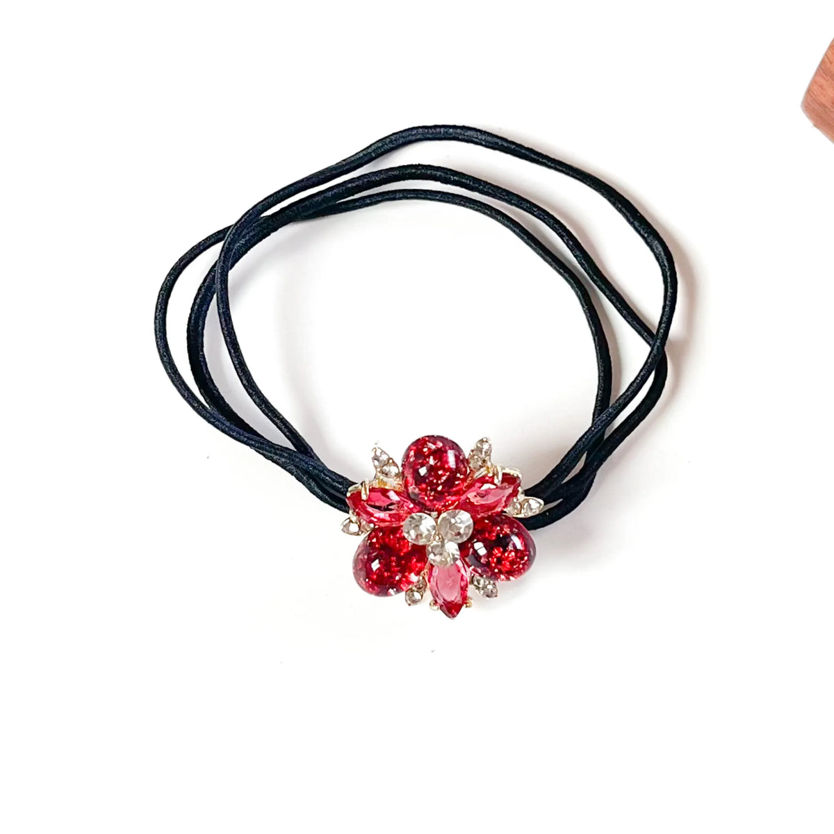 Cherry red fancy hair tie with red glitter stones and ruby crystals, stylish hair rubber band for women