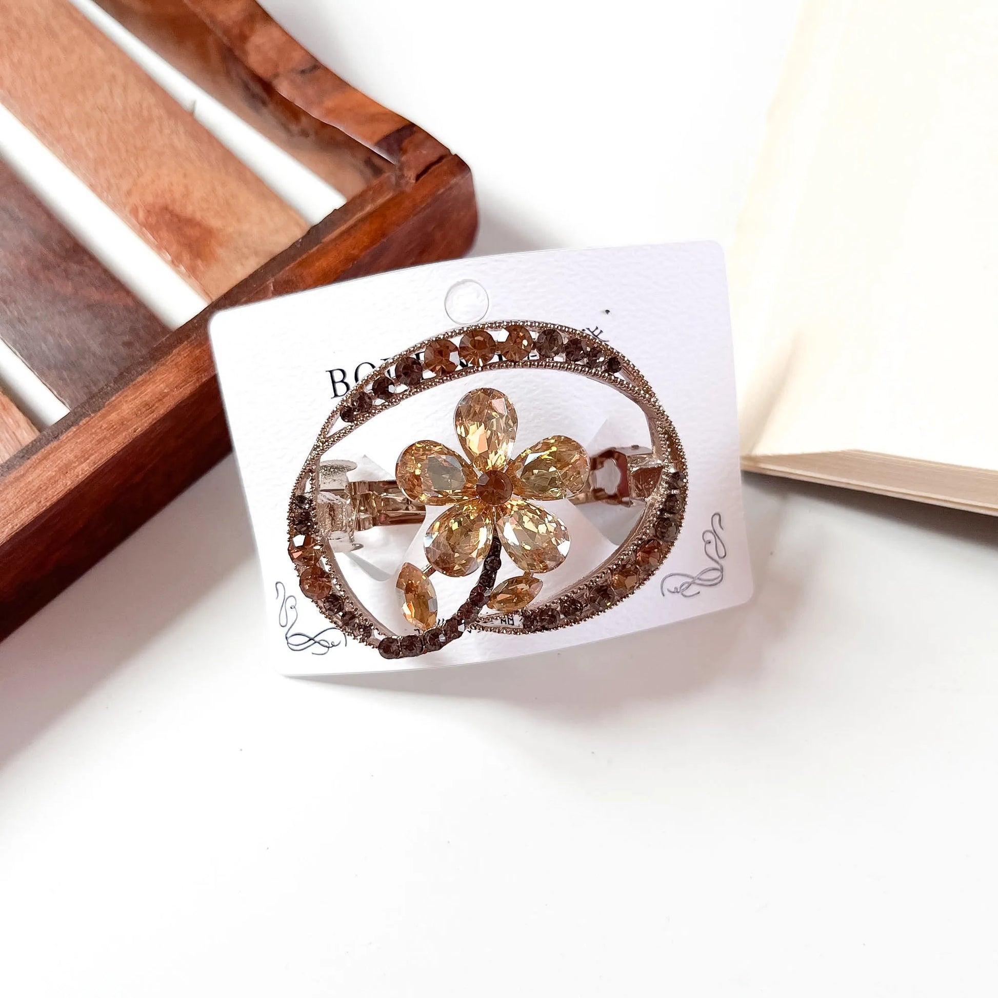Classic flower center clip 4.5cm amber gold rhinestone barrette