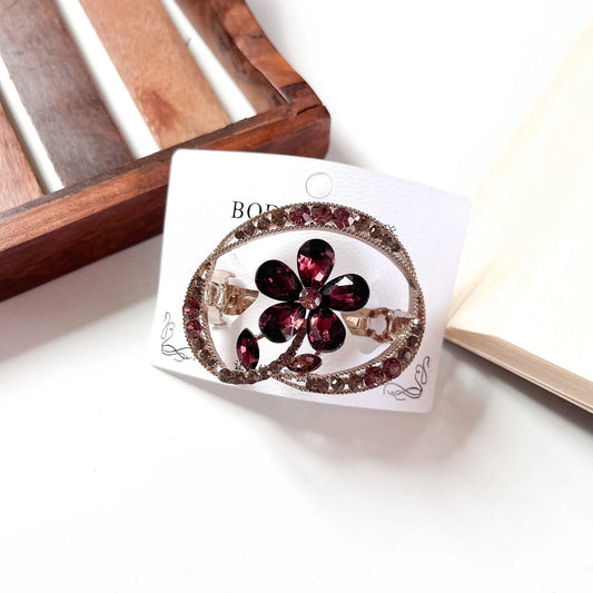 Classic flower center clip 4.5cm wine berry rhinestone barrette