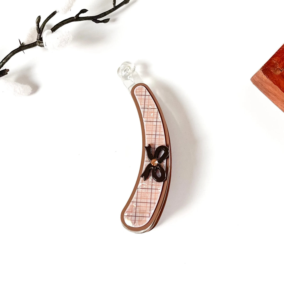 Cognac brown lock banana clip with peach-brown plaid interior and dark brown flower accent, large 10cm for thick hair
