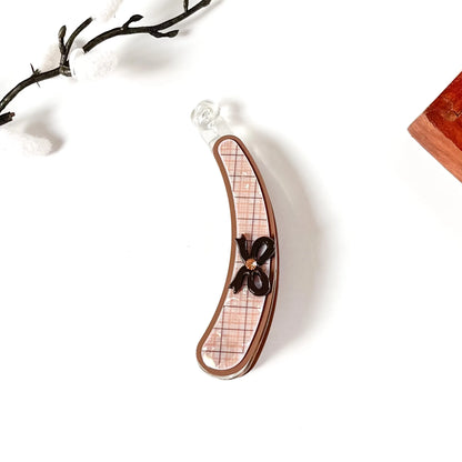 Cognac brown lock banana clip with peach-brown plaid interior and dark brown flower accent, large 10cm for thick hair