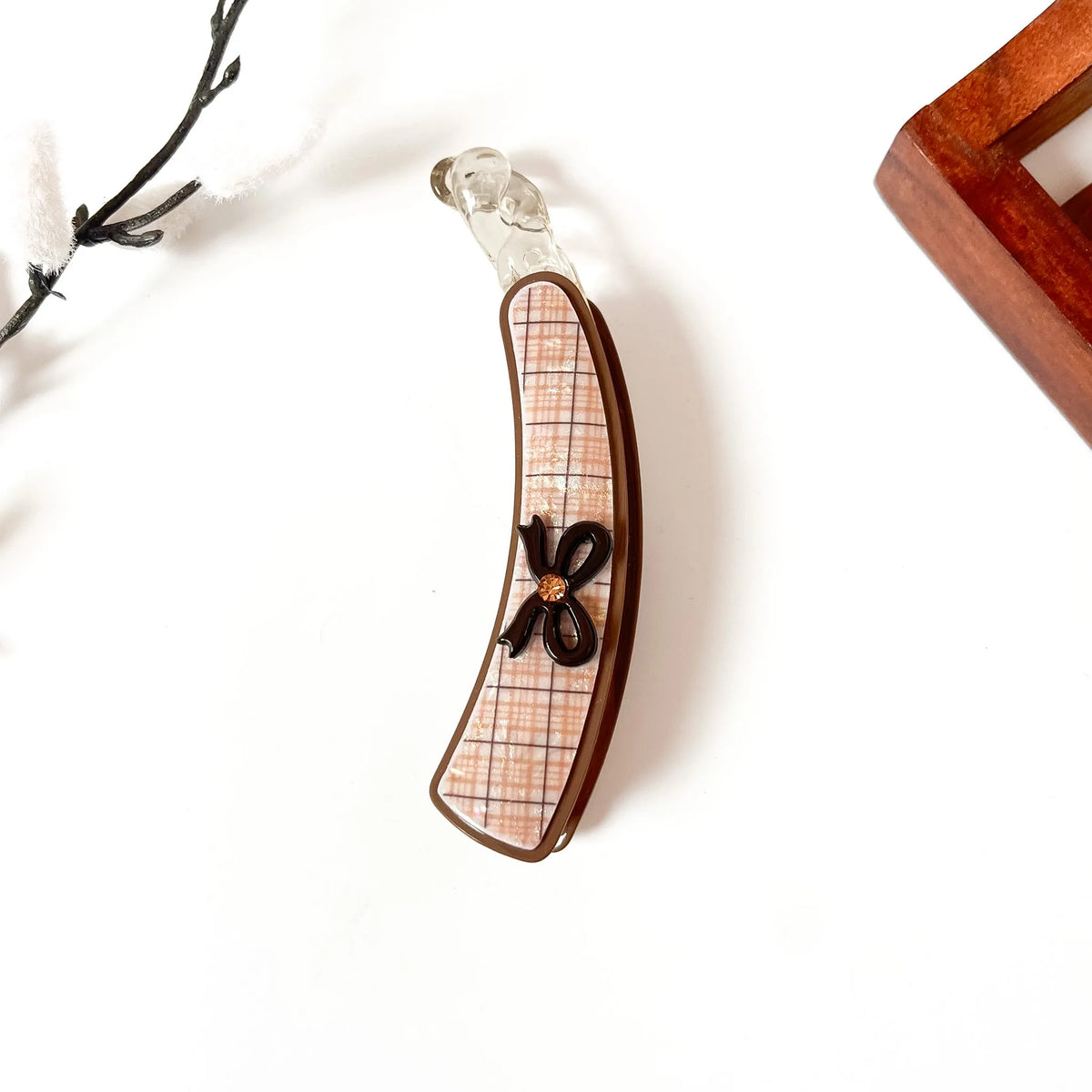 Cognac brown lock banana clip with peach-brown plaid interior and dark brown flower accent, large 10cm for thick hair