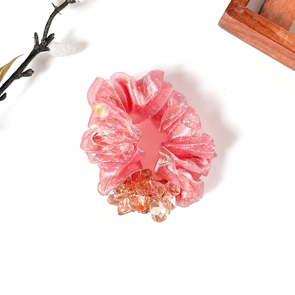 Coral pink organza scrunchie with crystal beads, fancy scrunchie